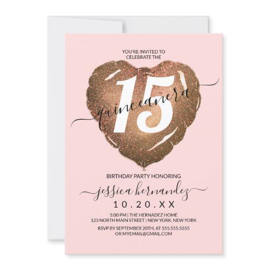 Girly Blush Gold Glitter Heart Balloon Quinceañera