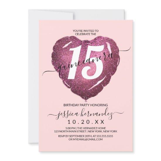 Girly Blush Pink Glitter Heart Balloon Quinceañera