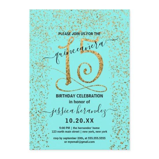 Girly Chic Aqua Gold Confetti Border Quinceañera