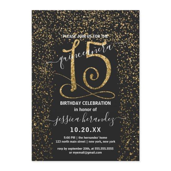 Girly Chic Black Gold Confetti Border Quinceañera