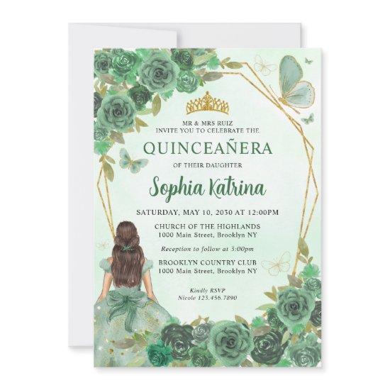 Girly Dusty Green Gold Floral Princess Quinceañera
