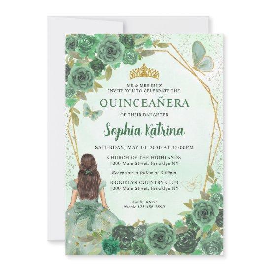 Girly Dusty Green Gold Floral Princess Quinceañera