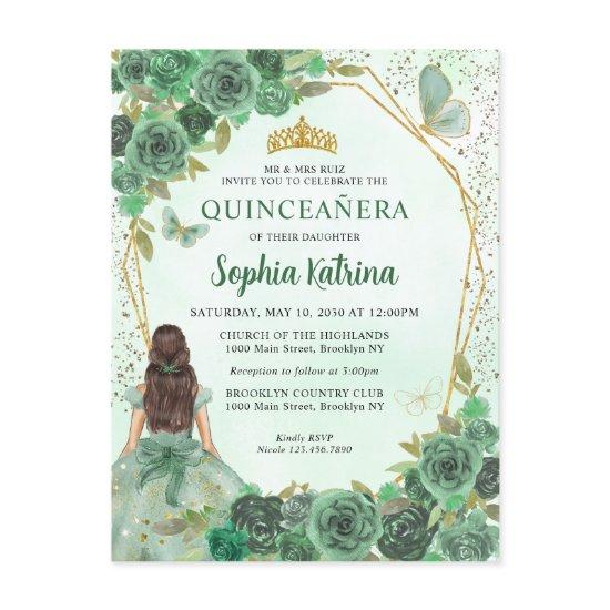 Girly Dusty Green Gold Floral Princess Quinceañera  Postcard