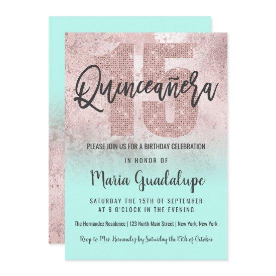 Girly Grunge Rose Gold Mint Glitter Quinceañera