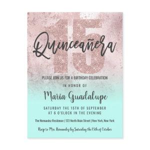 Girly Grunge Rose Gold Mint Glitter Quinceañera  Postcard