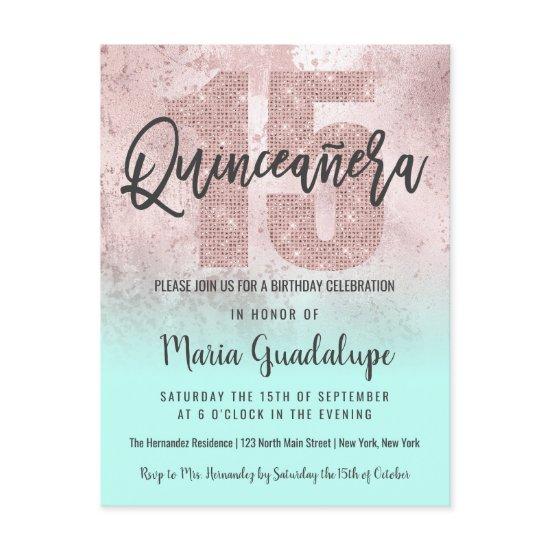 Girly Grunge Rose Gold Mint Glitter Quinceañera  Postcard