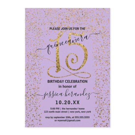 Girly Lavender Gold Confetti Border Quinceañera