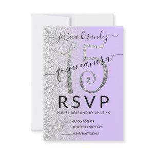 Girly Lavender Silver Glitter Ombre Quinceañera RSVP Card