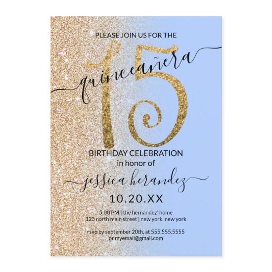 Girly Modern Blue Gold Glitter Ombre Quinceañera