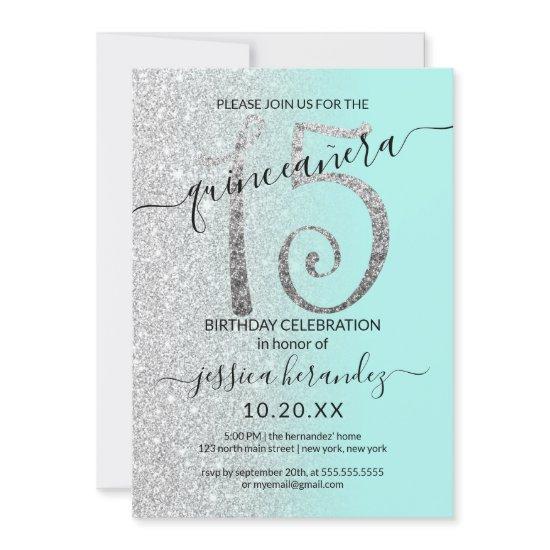 Girly Modern Mint Silver Glitter Ombre Quinceañera
