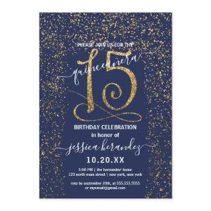 Girly Navy Blue Gold Confetti Border Quinceañera