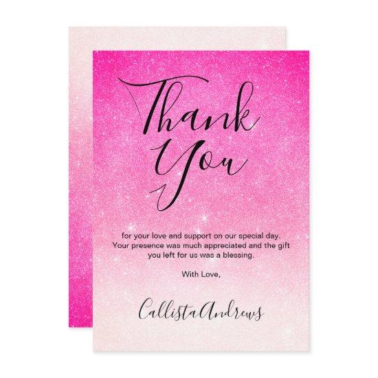 Girly Neon Pink White Glitter Ombre Thank You Card