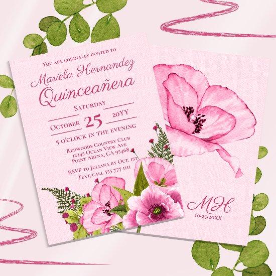 Girly Pink Green Watercolor Floral Quiceañera