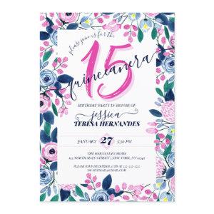 Girly Pink Navy Flowers Watercolor Quinceañera