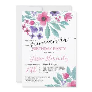Girly Pink Purple Watercolor Floral Quinceañera