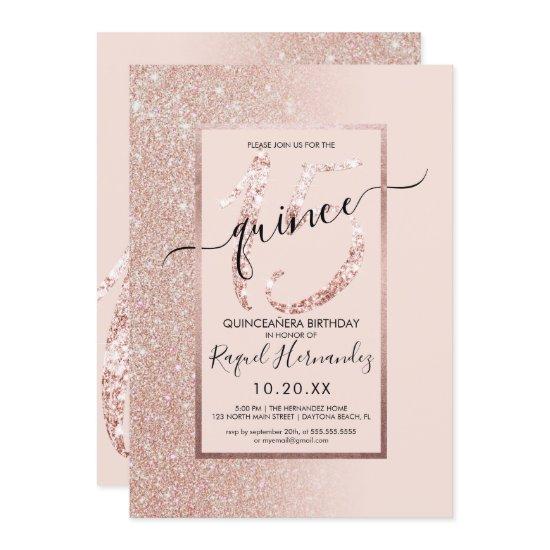 Girly Pink Rose Gold Glitter Ombre Quinceanera