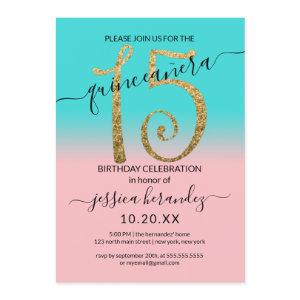 Girly Pink Teal Gold Glitter Ombre Quinceañera