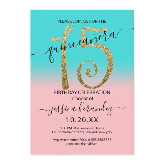 Girly Pink Teal Gold Glitter Ombre Quinceañera