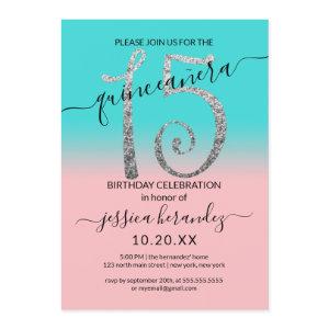 Girly Pink Teal Silver Glitter Ombre Quinceañera