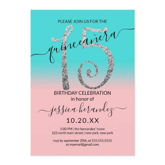 Girly Pink Teal Silver Glitter Ombre Quinceañera