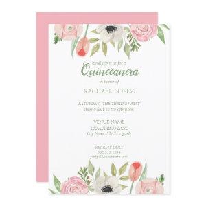 Girly Pink & White Floral Quinceanera Birthday