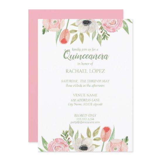 Girly Pink & White Floral Quinceanera Birthday