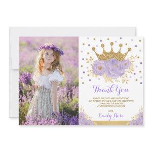 Girly Purple Gold Princess Crown Birthday Photo Thank You Card