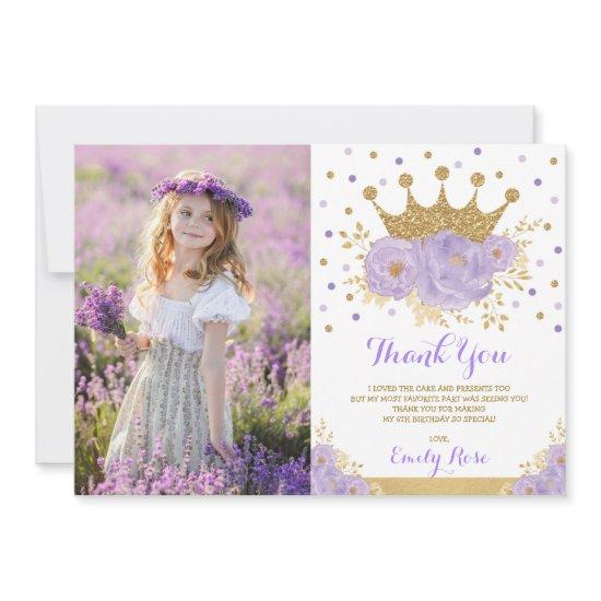 Girly Purple Gold Princess Crown Birthday Photo Thank You Card