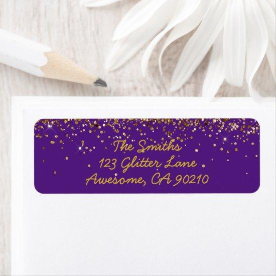 Girly Script Purple & Gold Wedding Return Address Label