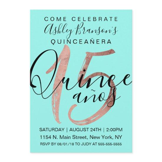 Girly Simple Aqua Blue Rose Gold Foil Quinceañera