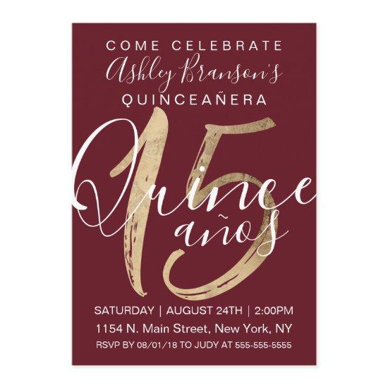 Girly Simple Burgundy Gold Foil Quinceañera