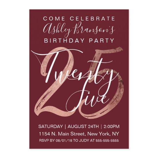 Girly Simple Burgundy Rose Gold Foil 25th Birthday