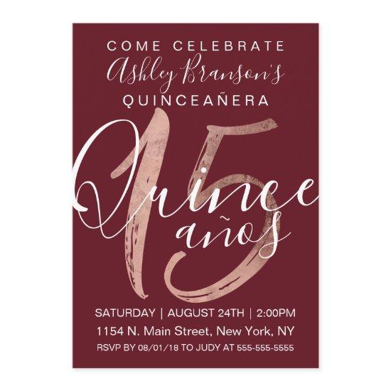 Girly Simple Burgundy Rose Gold Foil Quinceañera