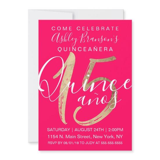 Girly Simple Neon Pink Gold Foil Quinceañera