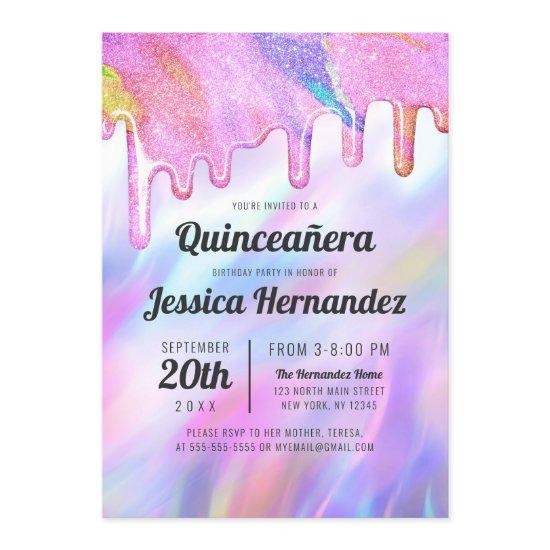 Girly Unicorn Holographic Glitter Drip Quinceañera