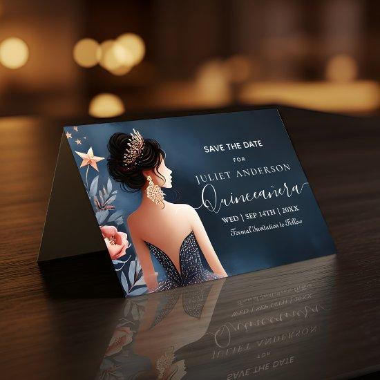 Glam Ball Gown Spark Dark Navy Blue Quinceanera Save The Date