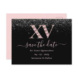 Glam Black And Pink Quinceanera Save The Date Postcard