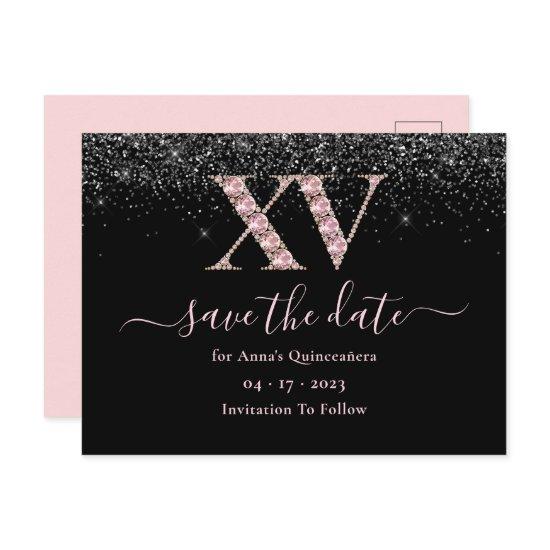 Glam Black And Pink Quinceanera Save The Date Postcard