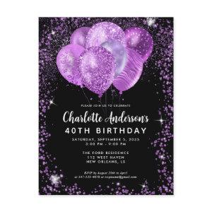 Glam Black Purple Violet Glitter Balloon Birthday Postcard