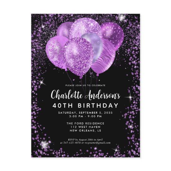 Glam Black Purple Violet Glitter Balloon Birthday Postcard