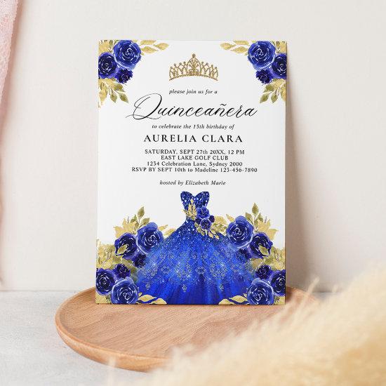 Glam Blue Dress Floral Watercolor 15th Quinceañera