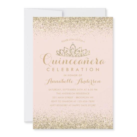 Glam Blush Pink Quinceañera Gold Tiara Glitter