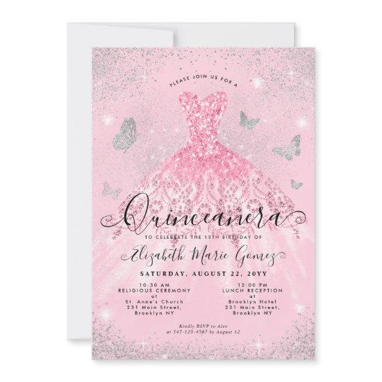 Glam Blush Pink Silver Glitter Gown Quinceanera