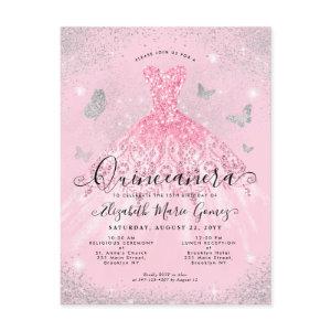 Glam Blush Pink Silver Glitter Gown Quinceanera Postcard