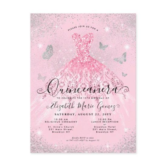 Glam Blush Pink Silver Glitter Gown Quinceanera Postcard
