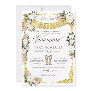 Glam Blush, White with Gold Floral Quinceañera Inv