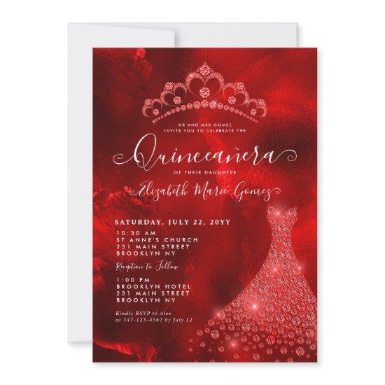 Glam Burgundy Red Diamond Tiara Dress Quinceanera