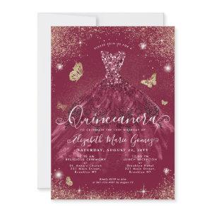 Glam Burgundy Red Gold Glitter Gown Quinceanera