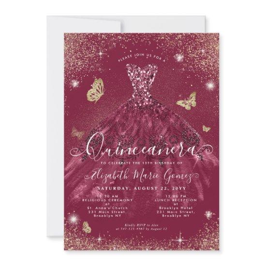 Glam Burgundy Red Gold Glitter Gown Quinceanera