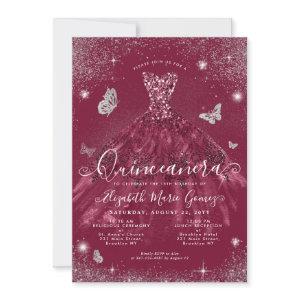 Glam Burgundy Red Silver Glitter Gown Quinceanera